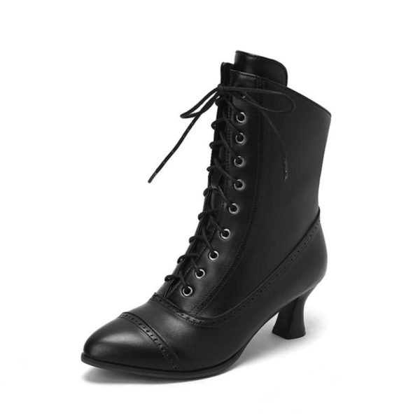 (black, 36) Annymoli Women Ankle Short Boots Pointed Toe Block High Heels Lace-up Zipper Combat Boots Ladies Fashion Shoes Winter White 46