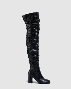 (black, 38) Eilyken Designer Pleated Over-the-knee Women Boots Winter High Heels Fashion Runway Round Toe Ladies Zipper Booties Shoes