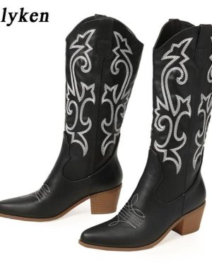 (black, 38) Eilyken Retro Autumn Winter White Knee High Boots Big Size 42 Women Comfy Walking Female Western Cowboy Boot For Dropshipping