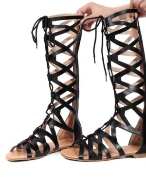 (black, 38) Fashion Summer High Top Gladiator Boots Causal Rome Style Flats Sandals
