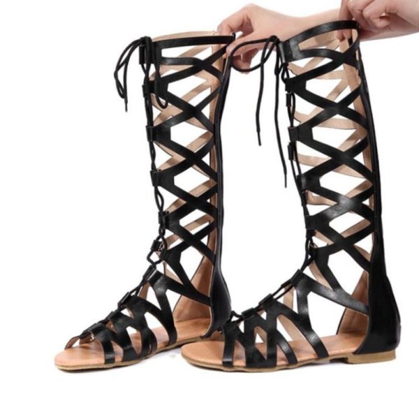(black, 38) Fashion Summer High Top Gladiator Boots Causal Rome Style Flats Sandals