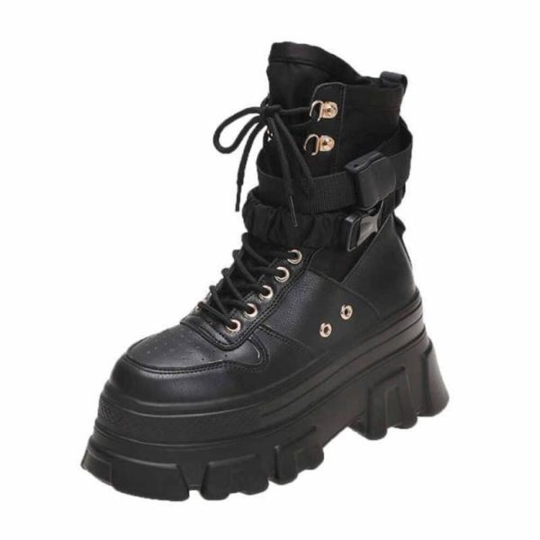 (black, 38) Height-increasing Wedge Heel Lace-up Women's Boots