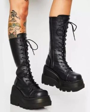 (black, 39) Autumn Winter Fashion Plus Size Women's Boots High Platform Knight Boots Casual Wedge Long Boots