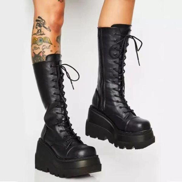 (black, 39) Autumn Winter Fashion Plus Size Women's Boots High Platform Knight Boots Casual Wedge Long Boots