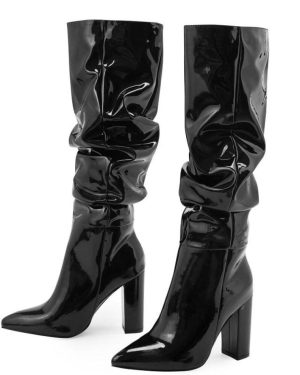 (black, 39) Eilyken Sexy Street Designer Pointed Toe Knee-High Boot Woman Fashion Patent Leather Chunky High Heels Long Booties Shoes