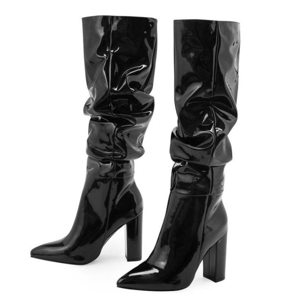 (black, 39) Eilyken Sexy Street Designer Pointed Toe Knee-High Boot Woman Fashion Patent Leather Chunky High Heels Long Booties Shoes