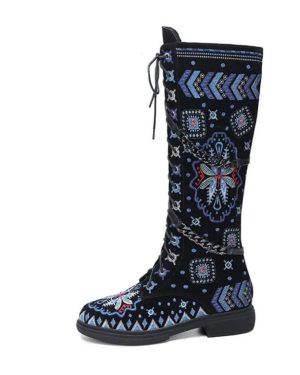 (black, 39) Meotina Women Genuine Leather Knee High Boots Round Toe Flats Embroidery Chain Lace-up Zipper Long Boots Ladies Shoes Winter 40