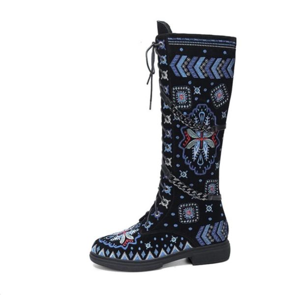 (black, 39) Meotina Women Genuine Leather Knee High Boots Round Toe Flats Embroidery Chain Lace-up Zipper Long Boots Ladies Shoes Winter 40