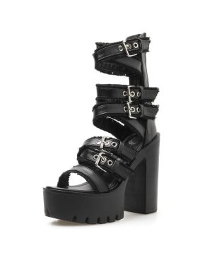 (black, 39) Women Gothic Shoes High Block Heel Hollow Out Sandals Gladiator Clubwear Shoes Platform Fashion Buckle Ankle Strap