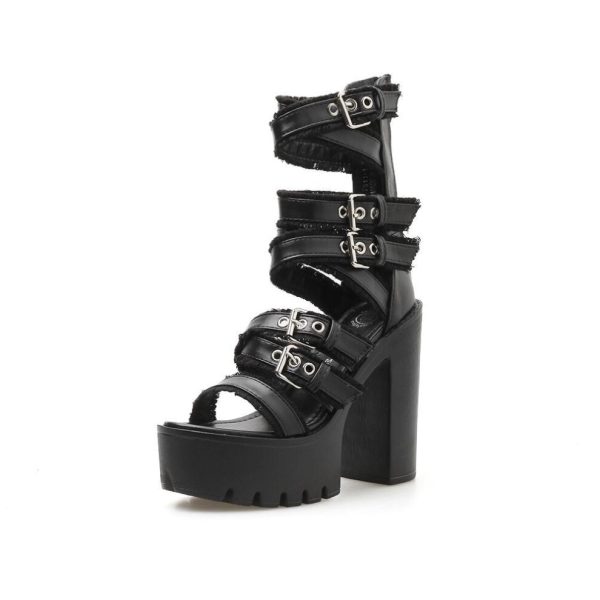 (black, 39) Women Gothic Shoes High Block Heel Hollow Out Sandals Gladiator Clubwear Shoes Platform Fashion Buckle Ankle Strap