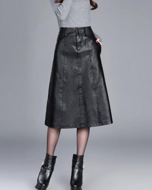 (black, 3XL) Women Black Leather Skirt Autumn Over Knee High Waist Pu Skirt Casual Female Plus Size Winter A-line