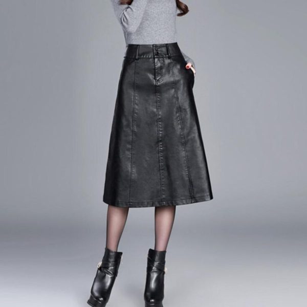 (black, 3XL) Women Black Leather Skirt Autumn Over Knee High Waist Pu Skirt Casual Female Plus Size Winter A-line