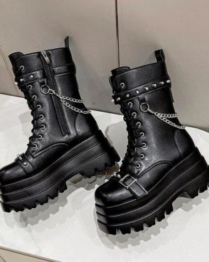(black, 40) Motorcycle Ankle Boots Woman Punk Gothic For Women Boots Combat Ladies Black Metal Button Autumn New Women Shoes Platform Boots