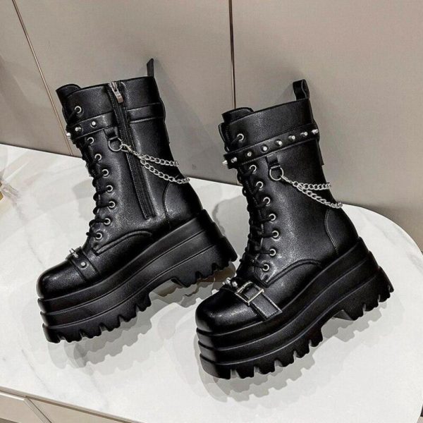(black, 40) Motorcycle Ankle Boots Woman Punk Gothic For Women Boots Combat Ladies Black Metal Button Autumn New Women Shoes Platform Boots