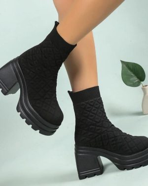 (black, 40) Women Knitting Chunky Boots Winter Stretch Sock Boots 2024 New Woman Autumn Fashion Platform Slip On Square Heel Botas De Mujer