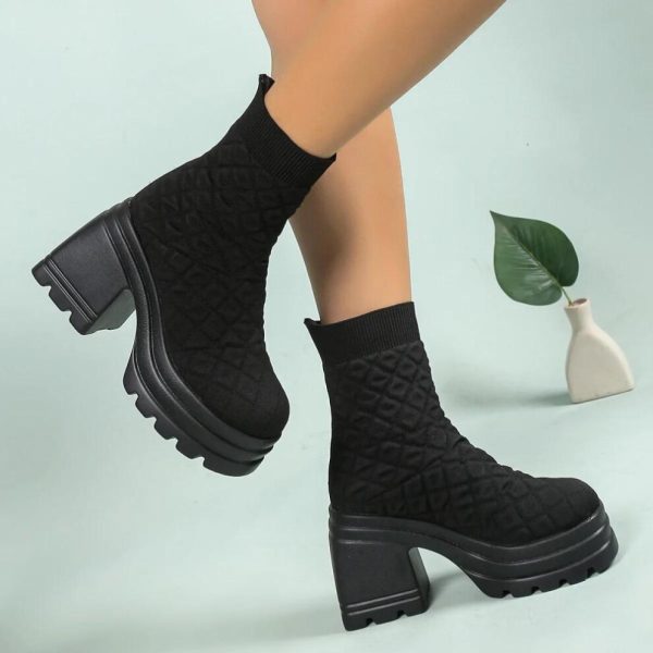 (black, 40) Women Knitting Chunky Boots Winter Stretch Sock Boots 2024 New Woman Autumn Fashion Platform Slip On Square Heel Botas De Mujer
