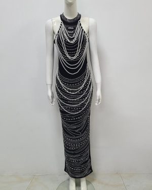 (black, Extra Large) European And American Women's Sleeveless Halter Neck Mesh Dress With Pearls And Hot Diamonds For Evening Party Banquets