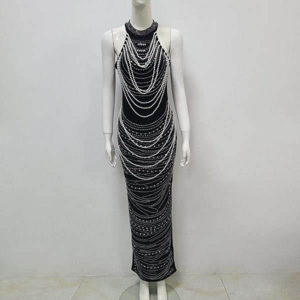 (black, Extra Large) European And American Women's Sleeveless Halter Neck Mesh Dress With Pearls And Hot Diamonds For Evening Party Banquets