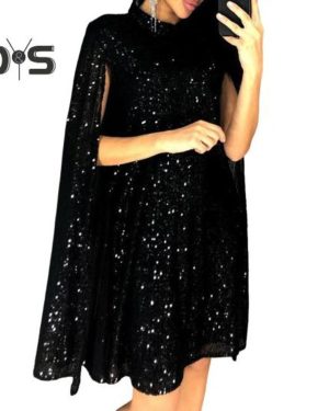 (black, L) Lady Sequin Dress Stand Collar Sleeveless Slit Design Shimmering Cocktail Party Dress Women Formal Occasion Mini Dress Celebrity Evening Dr