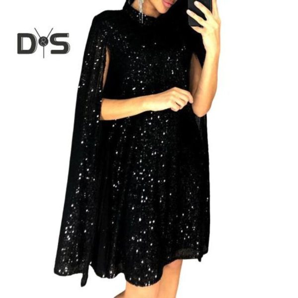 (black, L) Lady Sequin Dress Stand Collar Sleeveless Slit Design Shimmering Cocktail Party Dress Women Formal Occasion Mini Dress Celebrity Evening Dr