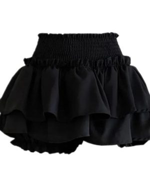 (black, L) Pleated Mini Culottes Pleated Elastic High Waist Ruffle Layer Hem Solid Color Short Skirt A-line Cake Skirt