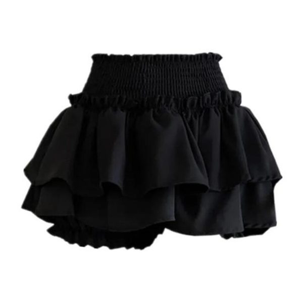 (black, L) Pleated Mini Culottes Pleated Elastic High Waist Ruffle Layer Hem Solid Color Short Skirt A-line Cake Skirt