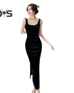 (black, L) Summer Women Evening Dress Sleeveless Slim Fit Backless Pure Color Split Hem Velvet U-shaped Neck Prom Cocktail Party Midi Dress