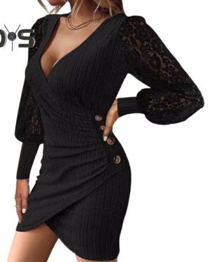 (black, L) Women Dress Hollow Out Lace Sleeves Sheath Slim Fit Irregular Deep V Neck Hem Solid Color Ol Style Formal Party Banquet Mini Dress Fall Spr