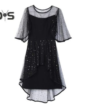 (black, L) Women Evening Dress Mesh Patchwork Irregular Round Neck Star Sequin Double-layered Ruffle Short Sleeves Prom Party Dating Mini Dress