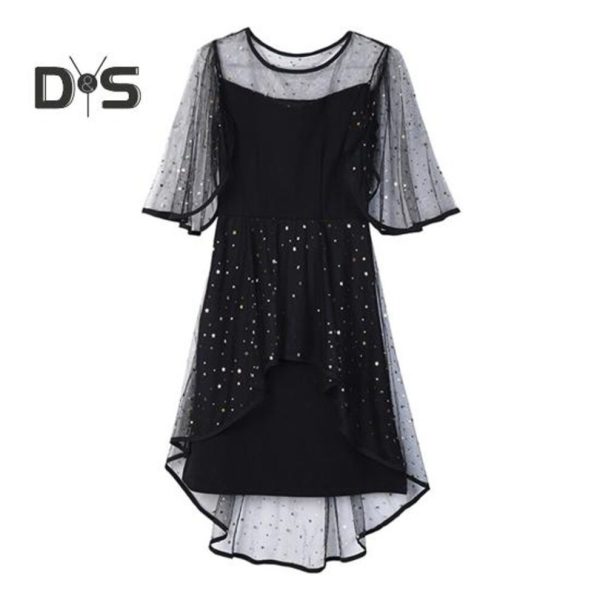 (black, L) Women Evening Dress Mesh Patchwork Irregular Round Neck Star Sequin Double-layered Ruffle Short Sleeves Prom Party Dating Mini Dress
