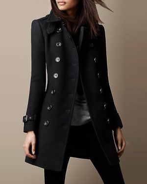 (black, L) Women's Military Style Stand Collar Woolen Coat Double Breasted Woolen Blends Coat