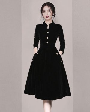 (black, L) "hepburn-style Retro Swing Dress: 2023 Spring Socialite Chic With Stand-up Collar"