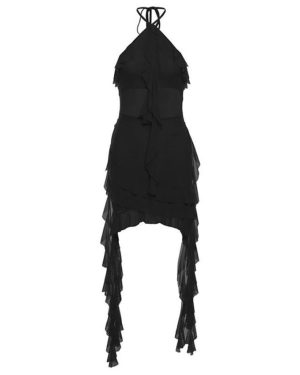 (black, M) Autumn/winter Women's Solid Color Slim-fit High-waisted Street Fashion Halter Halter Dress