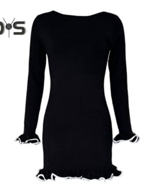 (black, M) Fall Spring Women Dress Ruffle Hem And Cuffs Slim Fit Sheath Long Sleeves Solid Color Knitted Stretchy Prom Party Mini Dress