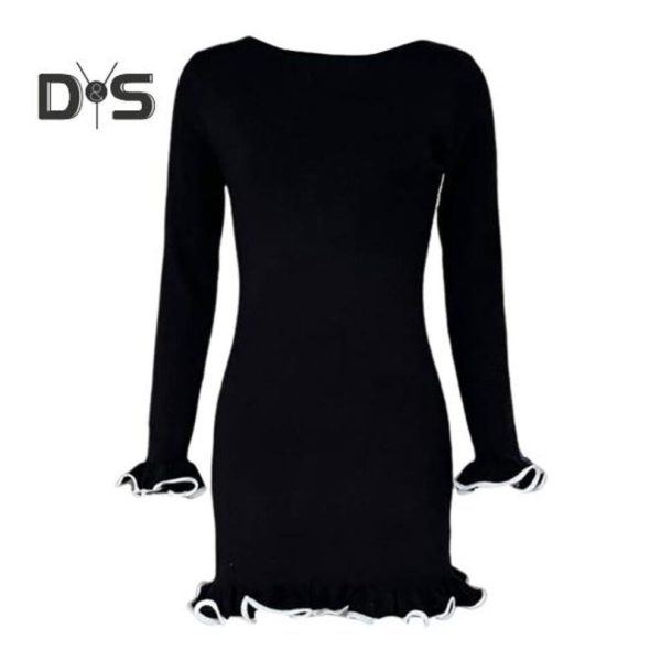 (black, M) Fall Spring Women Dress Ruffle Hem And Cuffs Slim Fit Sheath Long Sleeves Solid Color Knitted Stretchy Prom Party Mini Dress