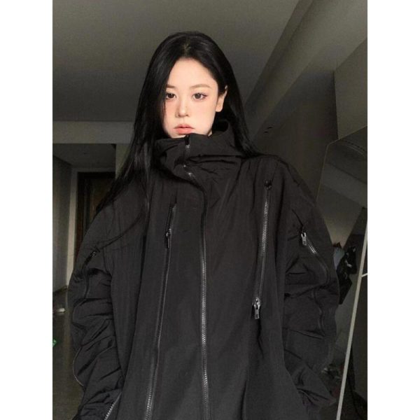 (black, M) Harajuku Black Jacket Women Waterproof Y2k Streetwear Coat Vintage Aesthetic Anorak Oversize Outdoor Windbreaker Korean