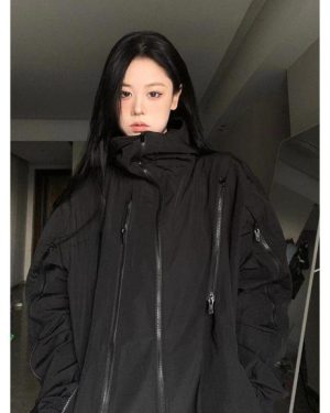 (black, M) Harajuku Black Jacket Women Waterproof Y2k Streetwear Coat Vintage Aesthetic Anorak Oversize Outdoor Windbreaker Korean