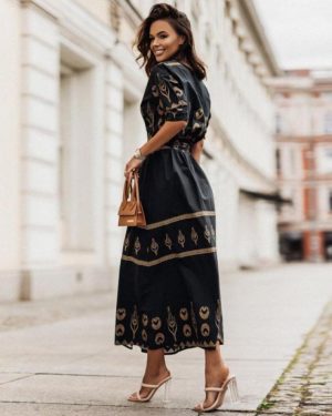 (black, M) Hi-fashion Retro Shirt Dress Women Casual Half Sleeve Loose Maxi Dress Elegant Button Belt High Waist Long Beach Party Dress
