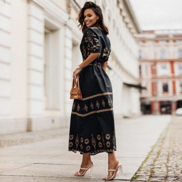 (black, M) Hi-fashion Retro Shirt Dress Women Casual Half Sleeve Loose Maxi Dress Elegant Button Belt High Waist Long Beach Party Dress