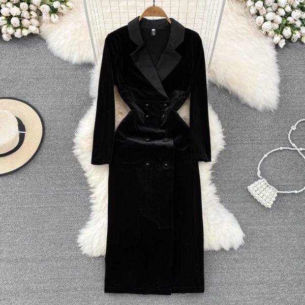 (black, M) High Quality Autumn Winter Women Vintage Hepburn Velvet Party Dress Fashion Notched Blazer Long Midi Slim Bodycon Split Pencil Velour Dress