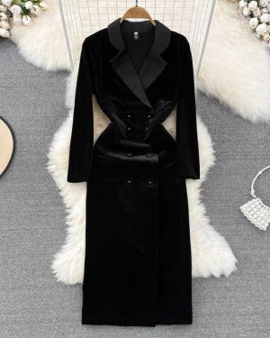 (black, M) High Quality Autumn Winter Women Vintage Hepburn Velvet Party Dress Fashion Notched Blazer Long Midi Slim Bodycon Split Pencil Velour Dress