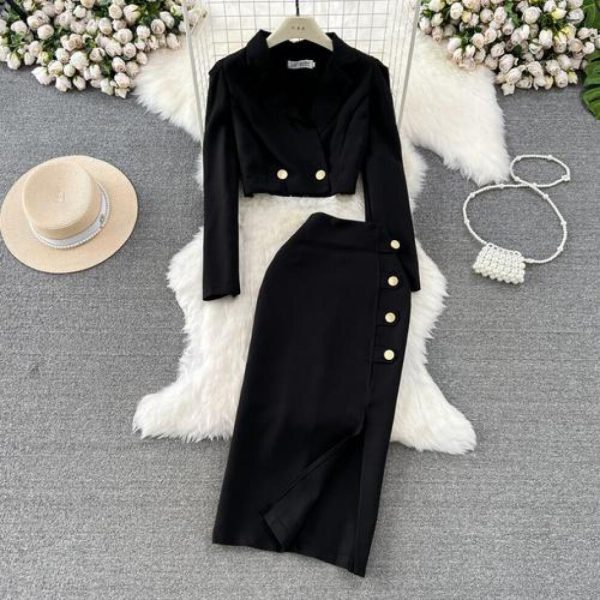(black, M) Women New Fashion Spring Autumn Elegant Short Blazer Jacket Coat + Long Midi Split Pencil Skirt Two Piece Set
