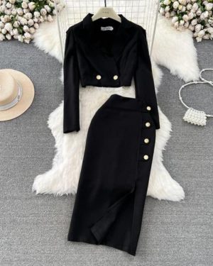 (black, M) Women New Fashion Spring Autumn Elegant Short Blazer Jacket Coat + Long Midi Split Pencil Skirt Two Piece Set