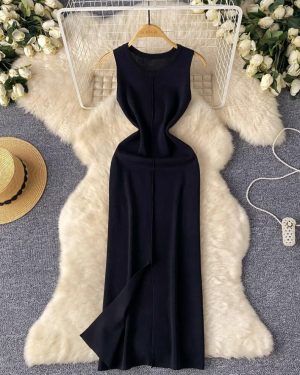 (black, One Size) Sexy Chic Sweet O Neck Sleeveless Split Knit Dress Vintage Elegant Fashion Party Slim Summer A-line Dresses