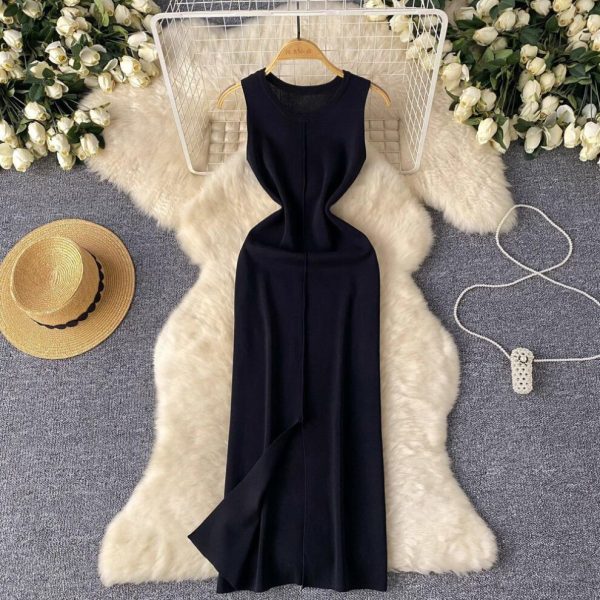 (black, One Size) Sexy Chic Sweet O Neck Sleeveless Split Knit Dress Vintage Elegant Fashion Party Slim Summer A-line Dresses
