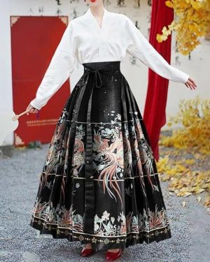 (black, One Size) Spring Autumn Half Skirt Hanfu Clothing Embroidered Silk Pleated Skirt National Style New Skirt Horse Face Pleated Skirt