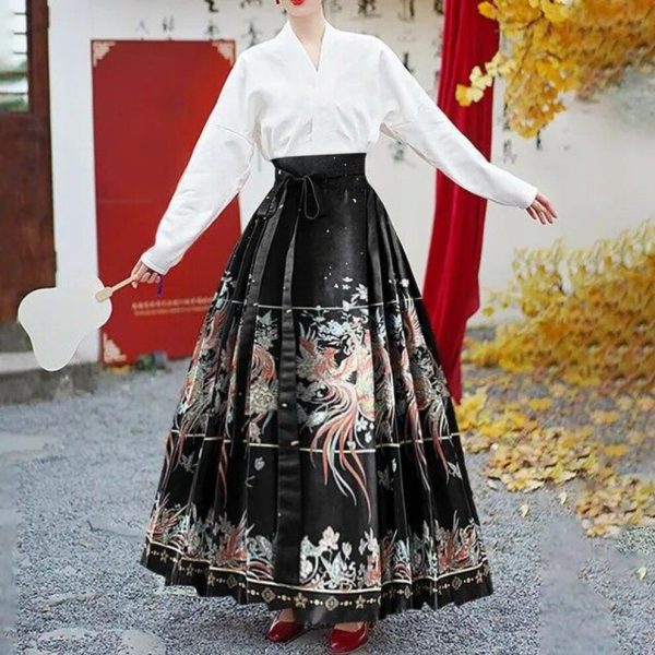 (black, One Size) Spring Autumn Half Skirt Hanfu Clothing Embroidered Silk Pleated Skirt National Style New Skirt Horse Face Pleated Skirt