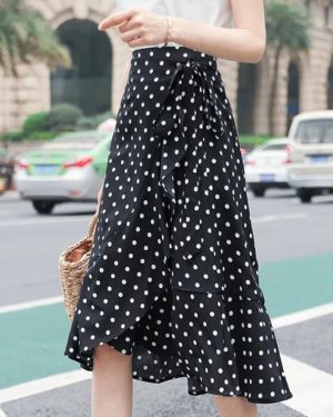 (black, One Size) Summer Fashion Wrap Skirt Women Casual Chiffon One-piece Lace-up High Waist Irregular Ruffle Loose Polka Dot Skirts