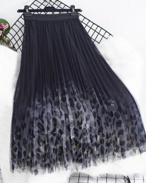 (black, One Size) Women Autumn Winter Vintage Skirts Lady Leopard High Waist A-line Mid-long Female Casual Slim Pleated Skirt