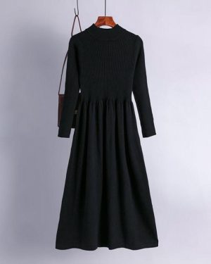 (black, One Size) Women Spring Chic Solid Knitted Sweater Dress Full Sleeve Half High Collar Ladies Temperament Black Blue Khaki Apricot Fuchsia